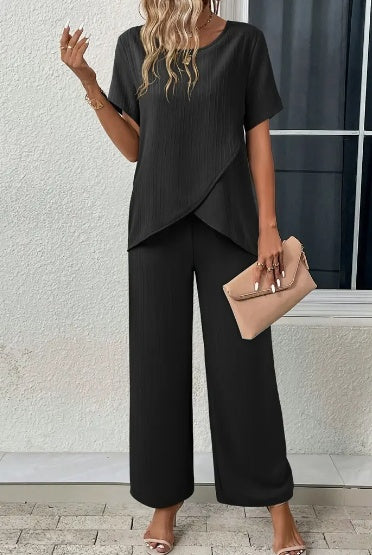 Sarah Express Solid Color 2 Piece Set Crew Neck Short Sleeve Top Long Pants Polyester