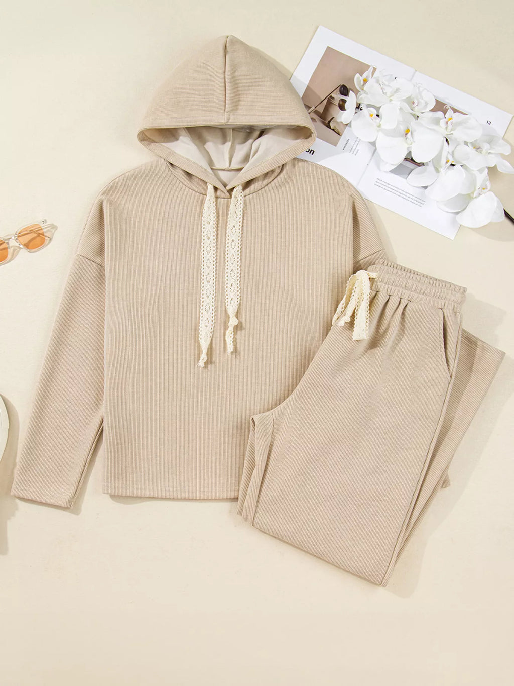 Sarah Express Women's Lace Drawstring Hoodie and High Waist Pants Corduroy Suit