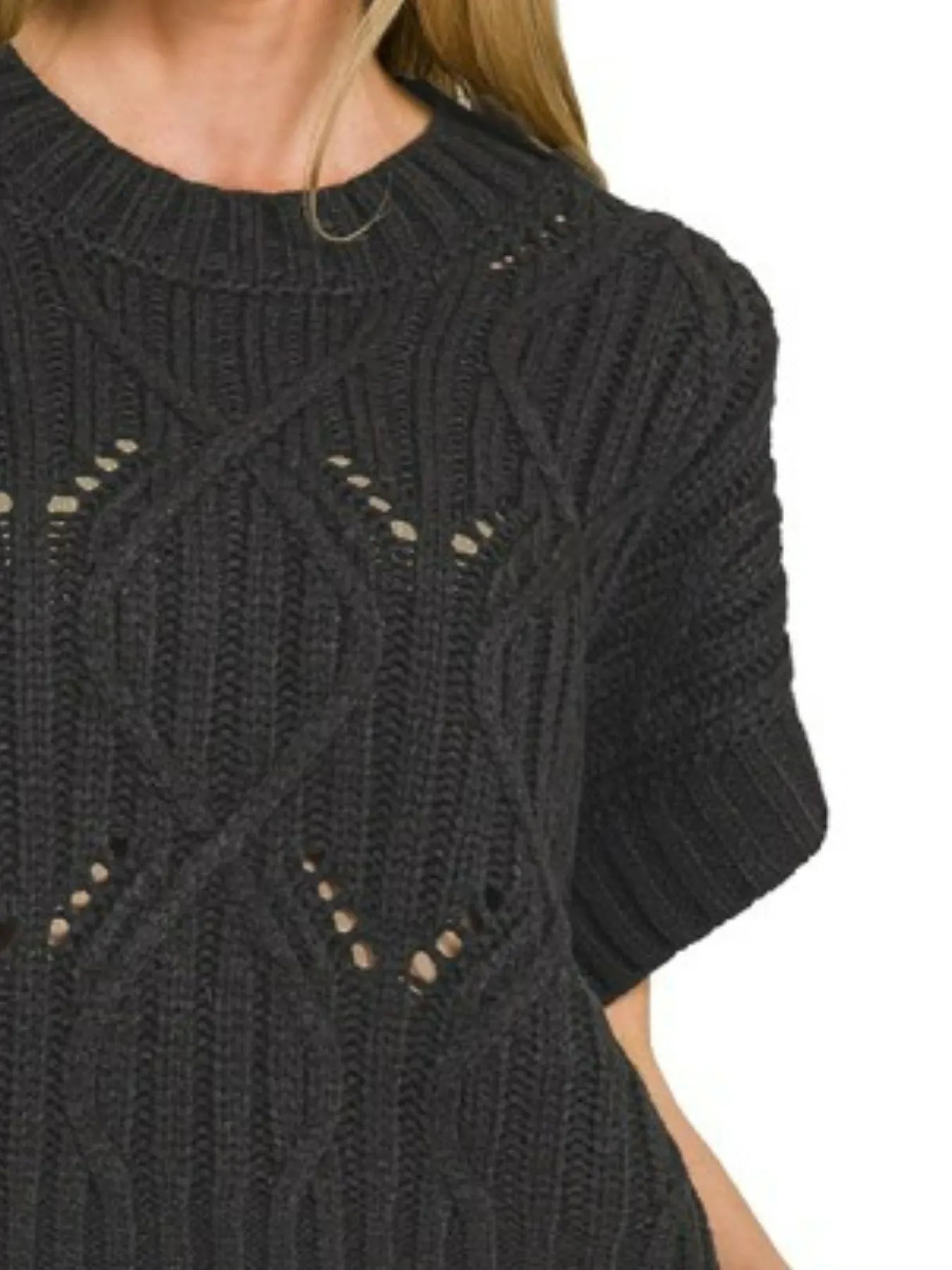 Sarah Express Women’s Short Sleeve Cable Knit Sweater with Openwork