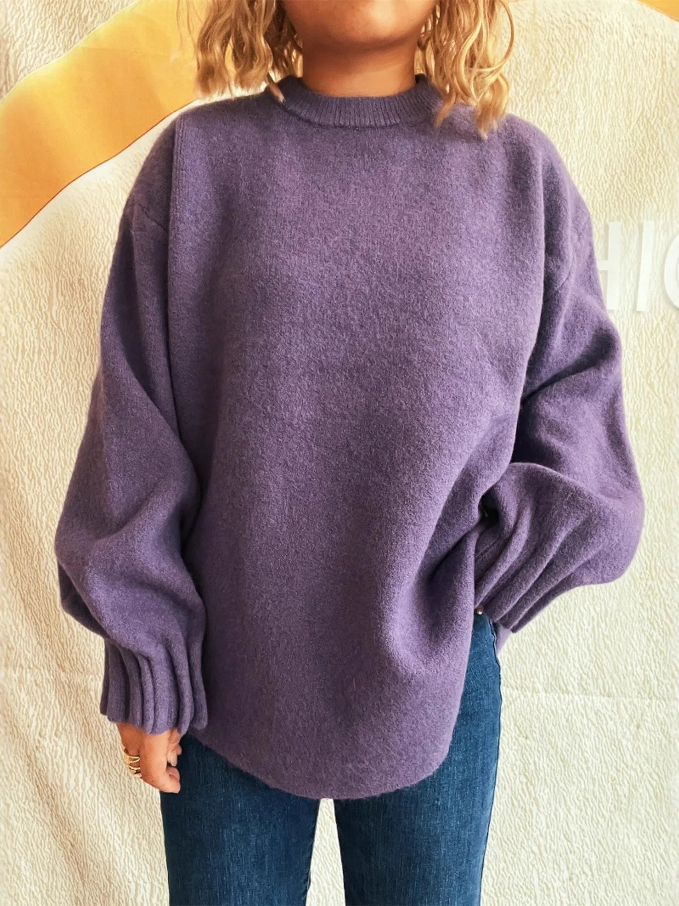 Sarah Express Women's Round Neck Dropped Shoulder Sweater Purple One Size