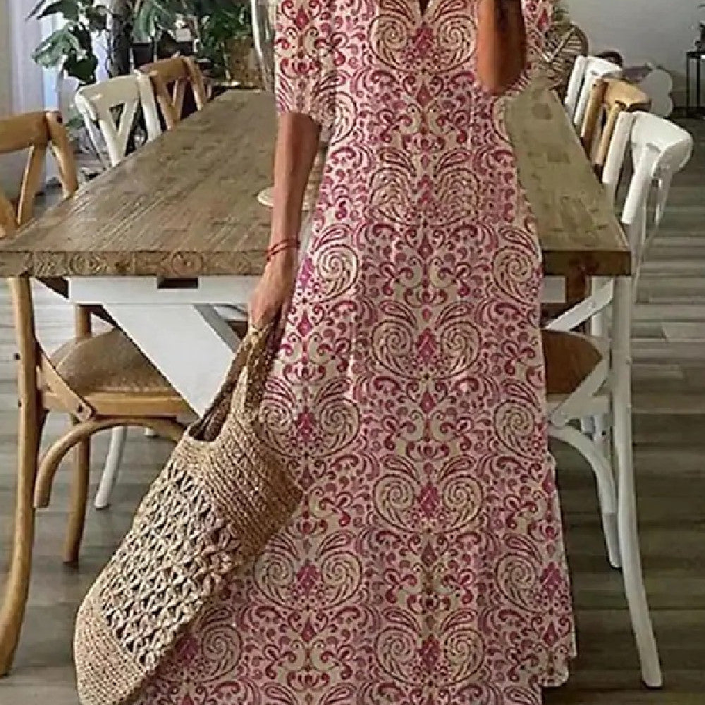 Sarah Express Women's Floral Print V-Neck Maxi Dress Short Sleeve A-Line Pullover