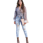 Sarah Express Women's Distressed Skinny Pants Mid Waist Cotton Ripped Denim Trousers Street Style
