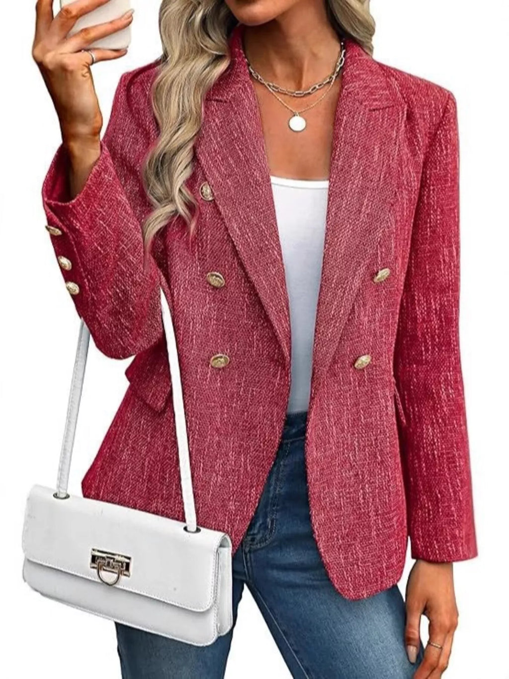 Sarah Express Women's Double-Breasted Lapel Collar Blazer Red