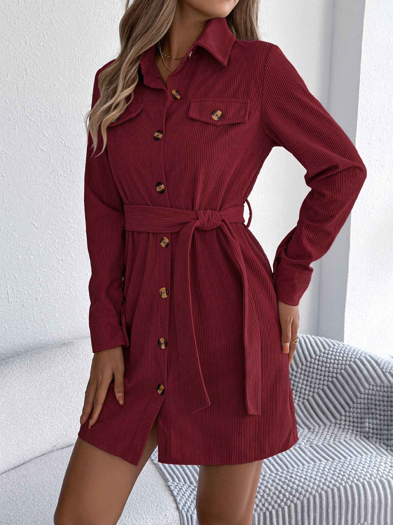 Sarah Express Women's Corduroy Shirt Dress - Long Sleeve Button Front Casual Dress