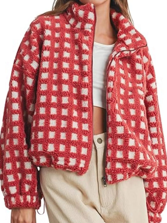 Sarah Express Women's Plaid Sherpa Jacket - Zip Up Fleece Lined Coat with Drawstring Red Grid