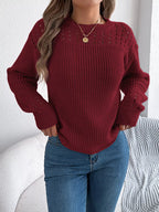 Sarah Express Women's Openwork Round Neck Long Sleeve Sweater