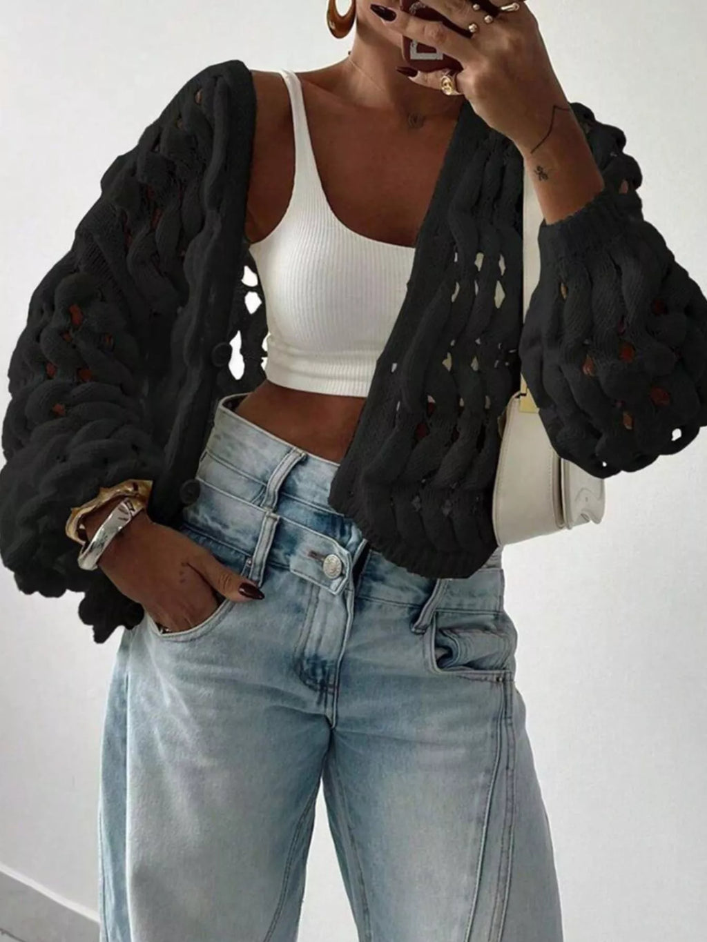 Sarah Express Women's Openwork Button Up V-Neck Cardigan