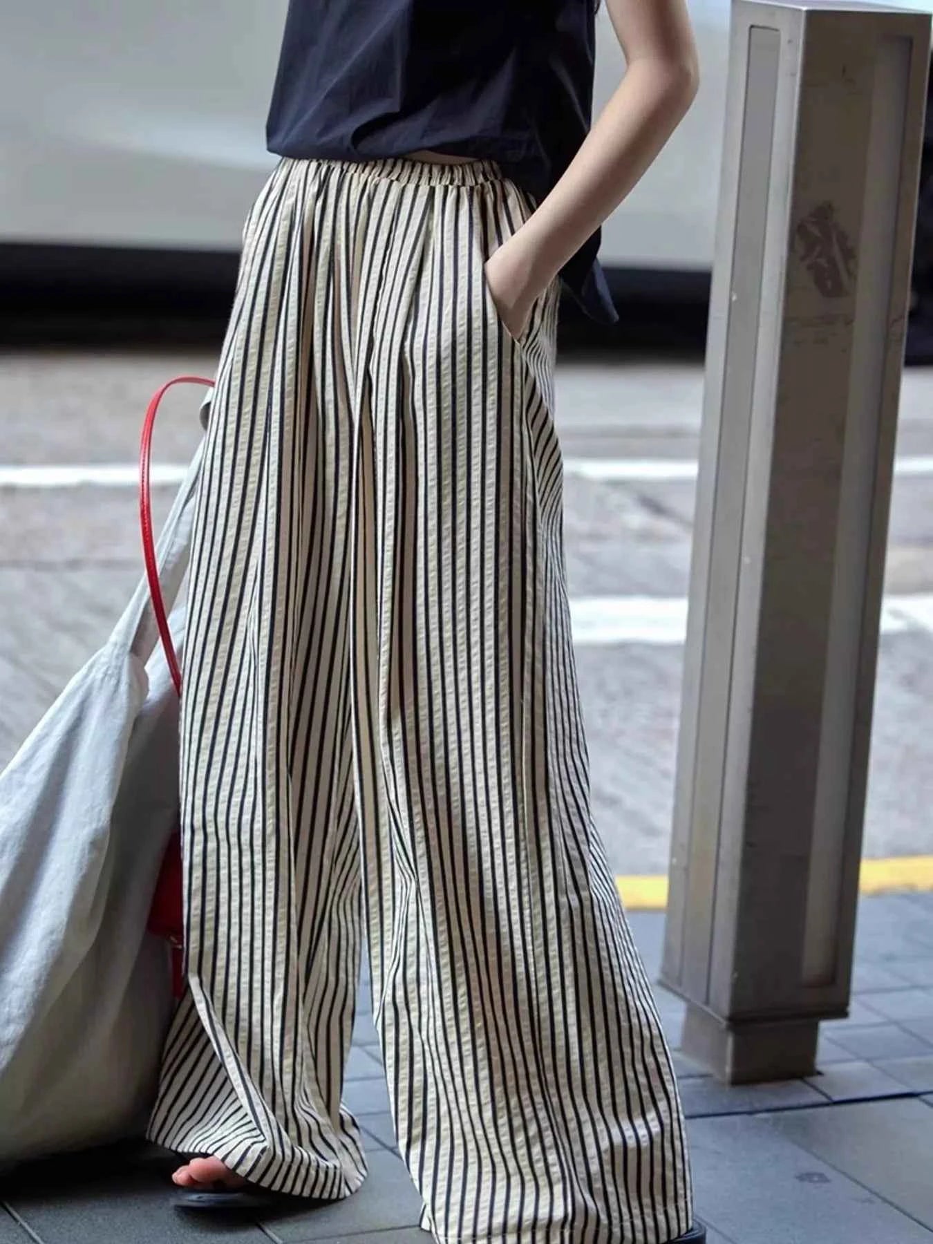 Sarah Express Women's Striped Wide Leg Pants with Drawstring Waist - Plus Size Available