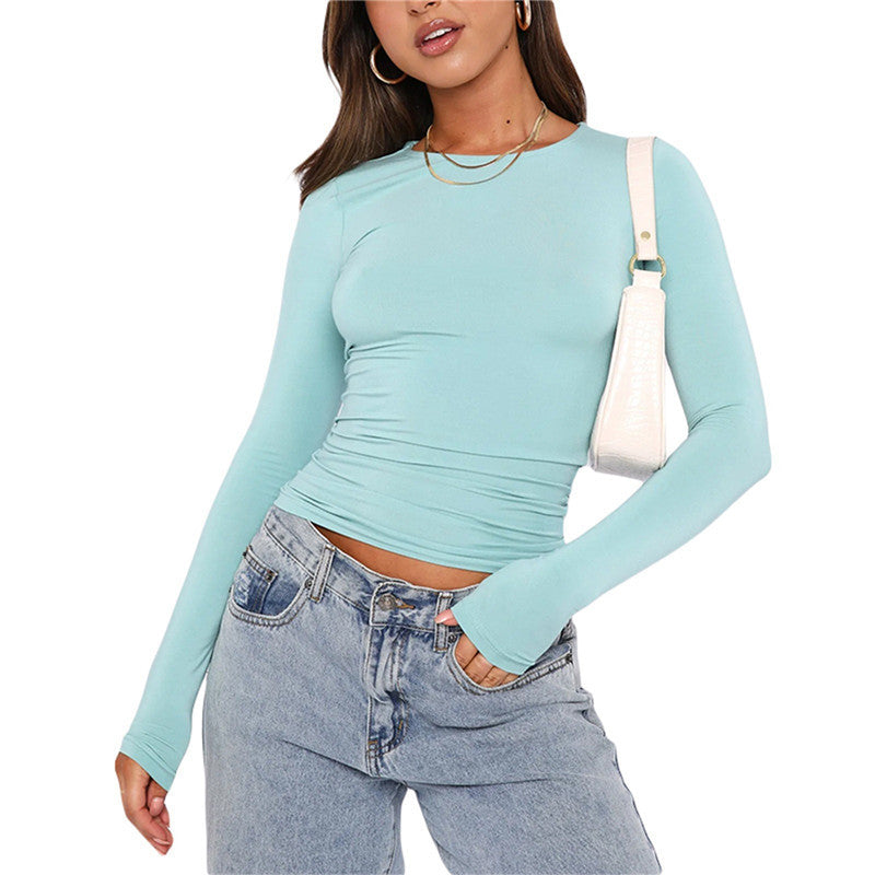 Sarah Express Women's Long Sleeve Pullover Top Round Neck Casual Solid Color Shirt
