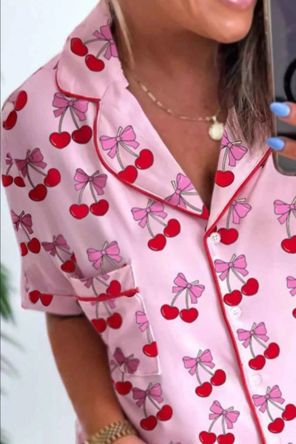 Sarah Express Women's Bow Print Button Up Pajama Set - Short Sleeve Top & Shorts