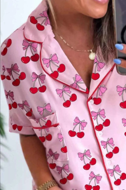 Sarah Express Women's Bow Print Button Up Pajama Set - Short Sleeve Top & Shorts