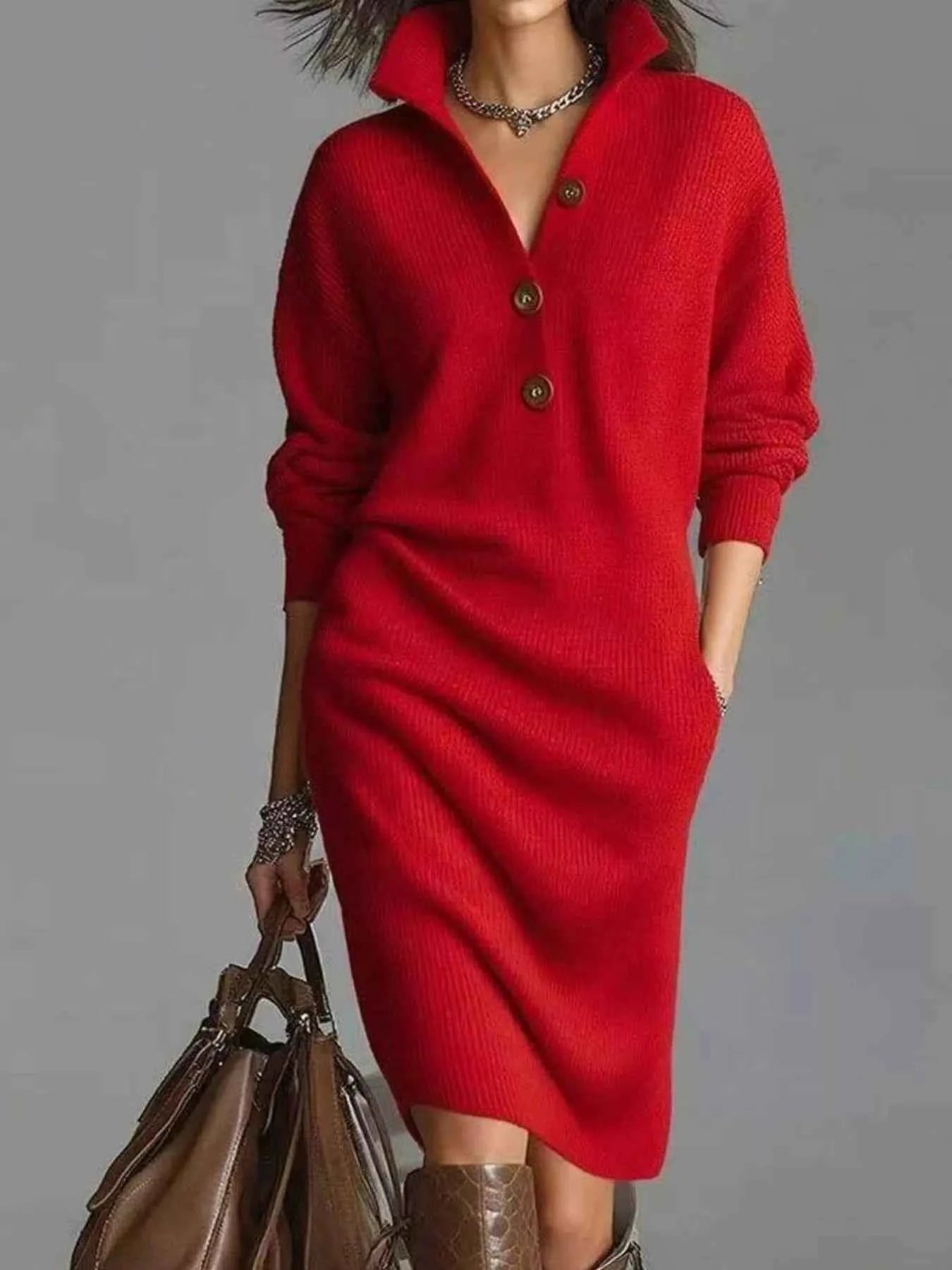 Sarah Express Women's Button-Front Ribbed Knit Sweater Dress - Plus Size Available