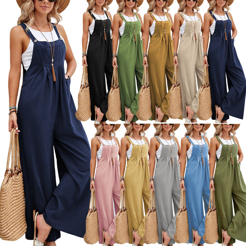 Sarah Express Women's Solid Color Cotton Suspender Trousers Casual Overall Straight Leg Mid Waist with Pockets