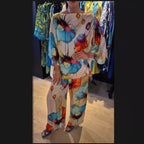Sarah Express Women's Printed Satin Two-Piece Suit Bell Sleeve Top and Pants Set