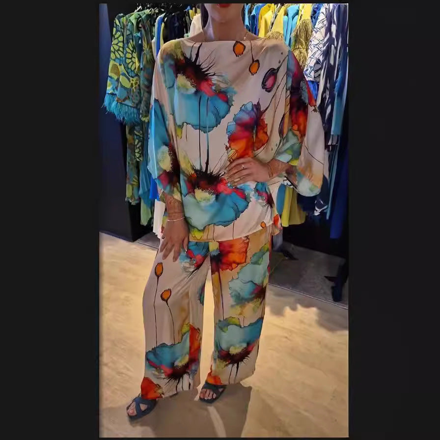 Sarah Express Women's Printed Satin Two-Piece Suit Bell Sleeve Top and Pants Set