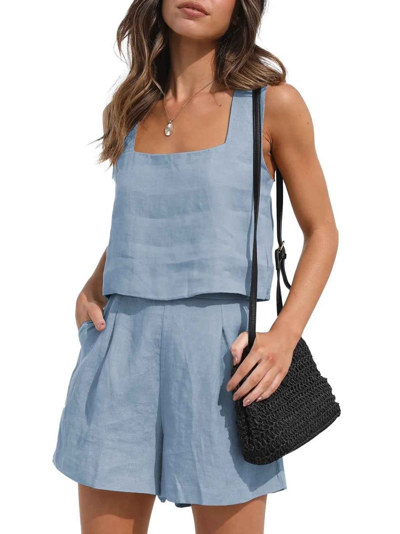 Sarah Express Women's Square Neck Tank and Shorts Set Light Blue