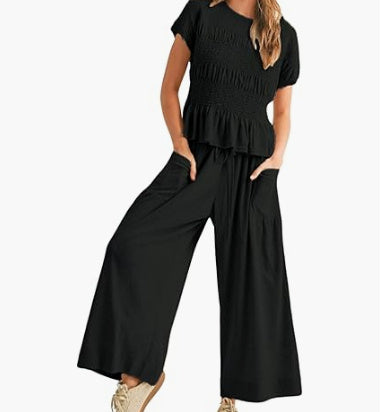 Sarah Express Pleated Top Wide Leg Pants 2-Piece Matching Set