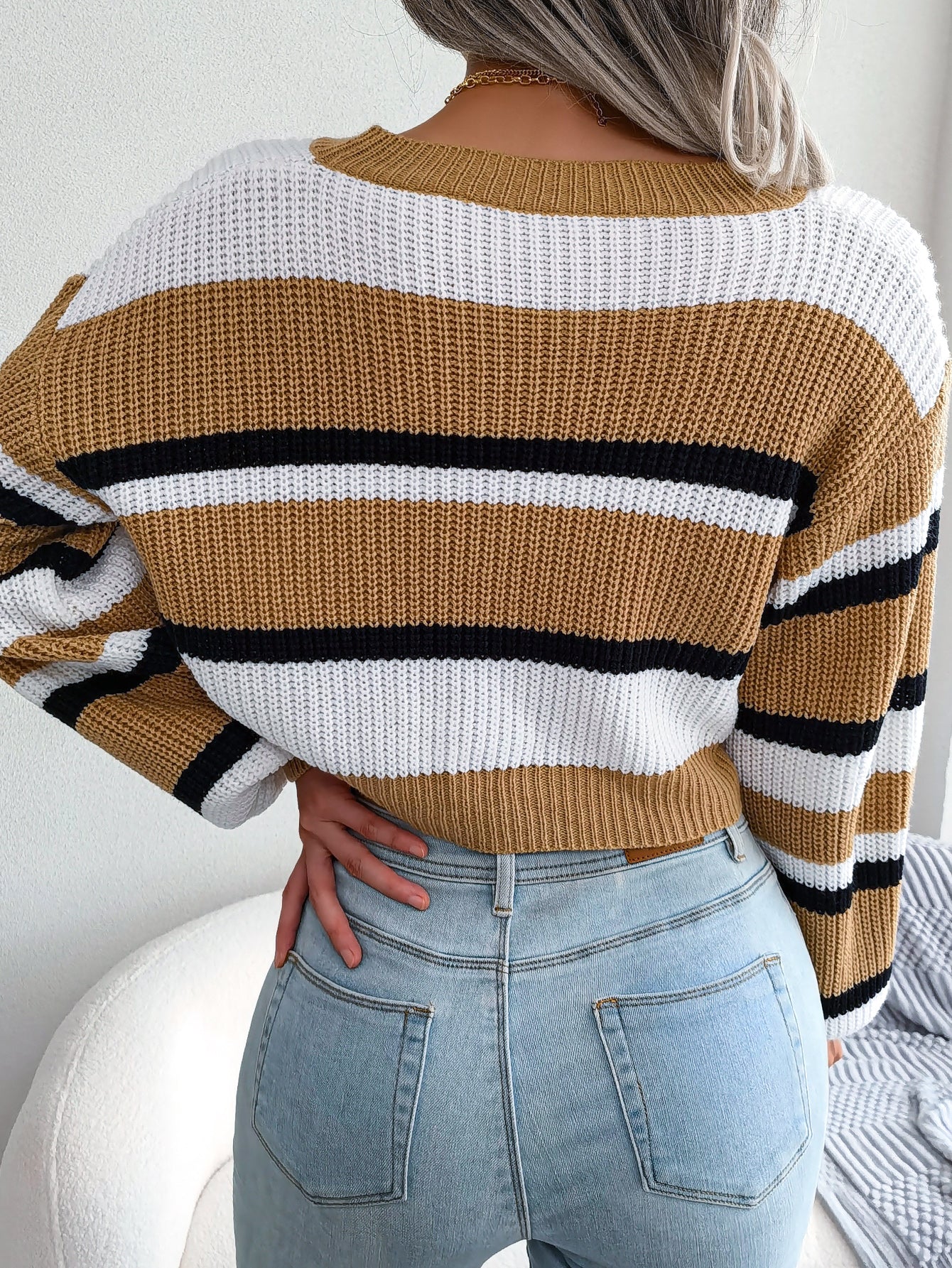 Sarah Express Women's Striped Long Sleeve Cropped Knit Sweater - Casual Pullover Top
