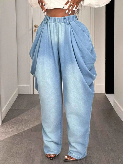 Sarah Express Women's Ruched Wide Leg Jeans - High Waist Cotton Blend Denim Pants