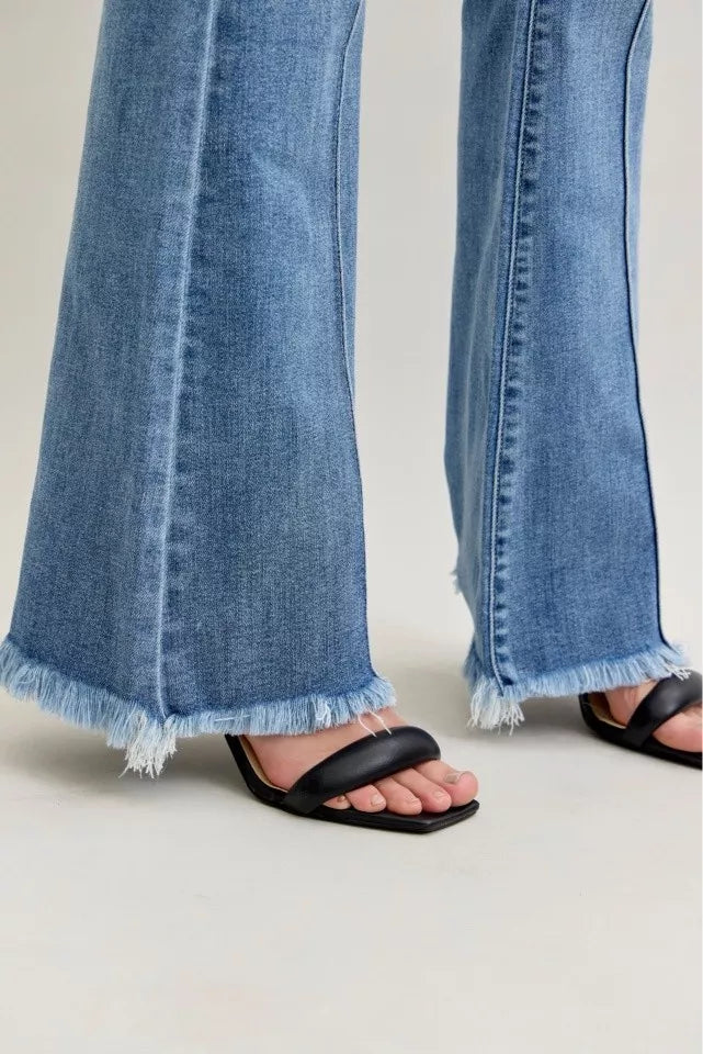 Sarah Express Women’s High Rise Flare Jeans with Fray Hem and Pintuck Detail
