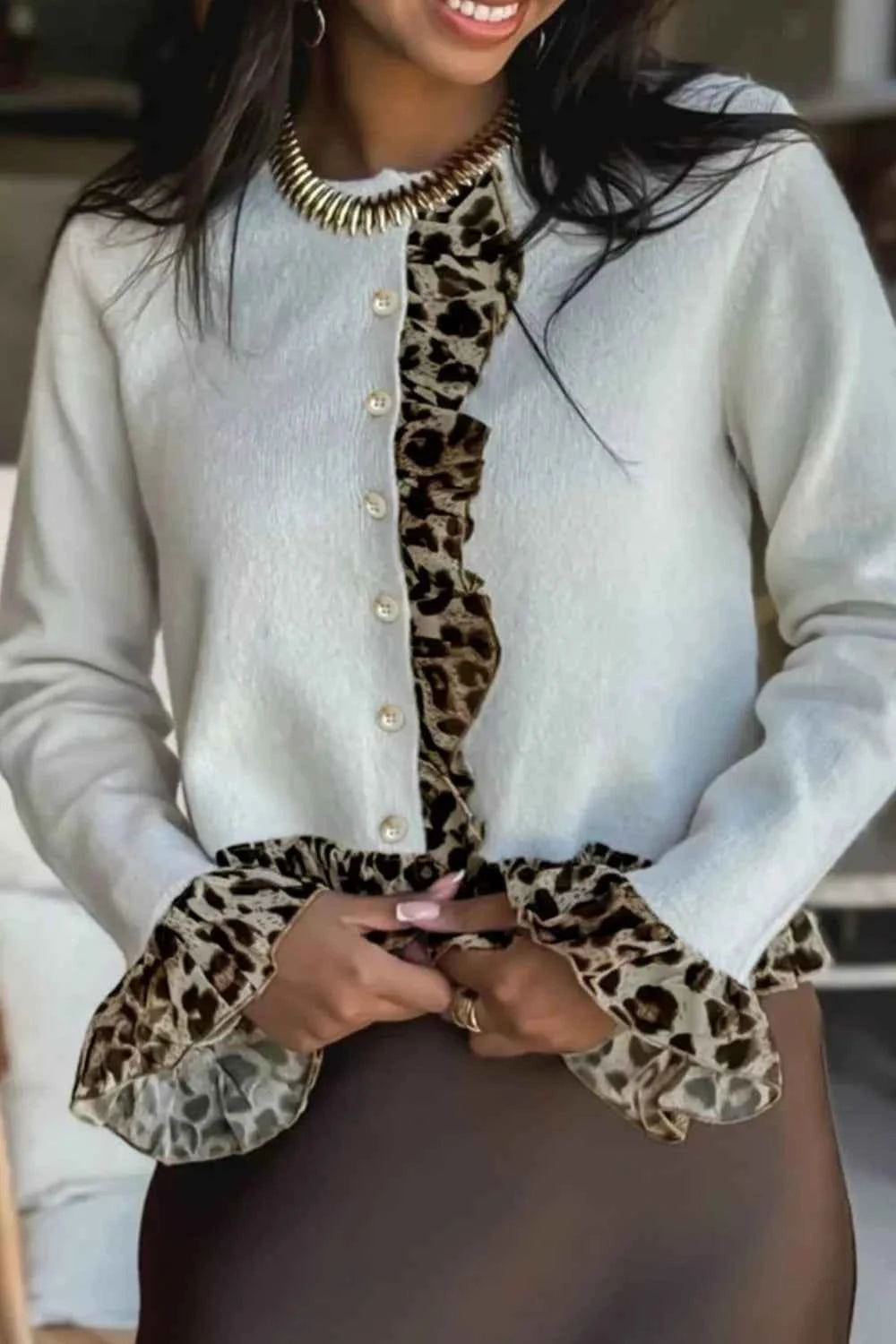 Leopard Trim Ruffle Cardigan