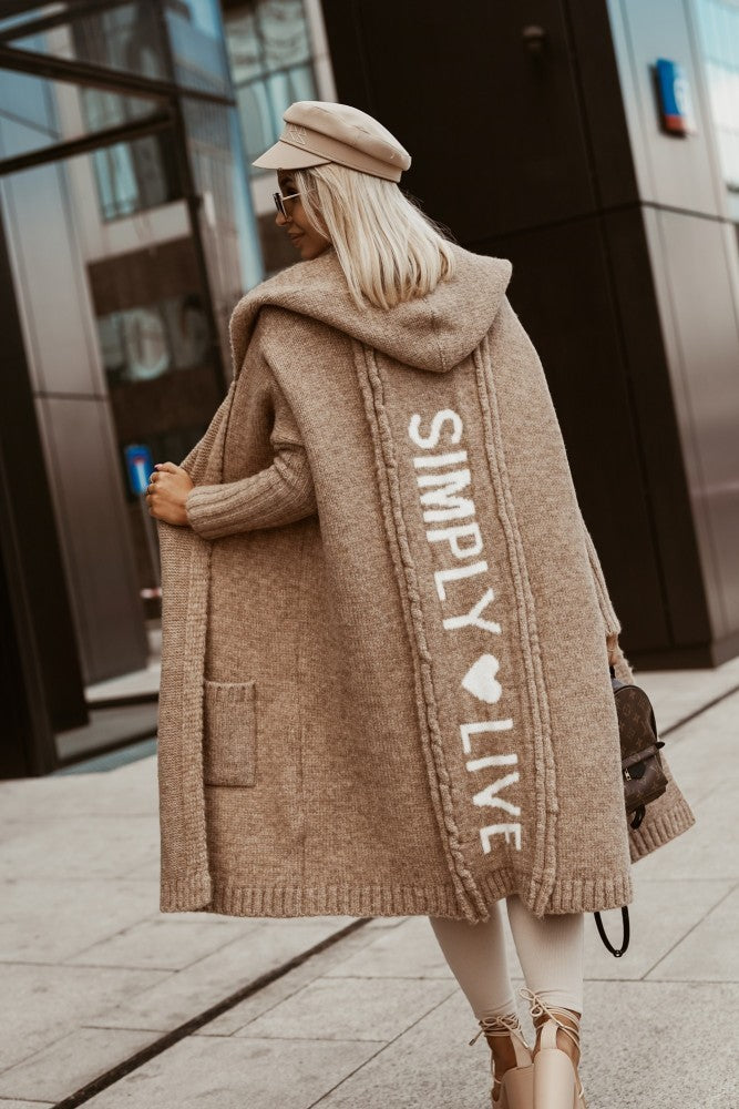Sarah Express Women's Letter Print Hooded Long Cardigan Oversized Knit