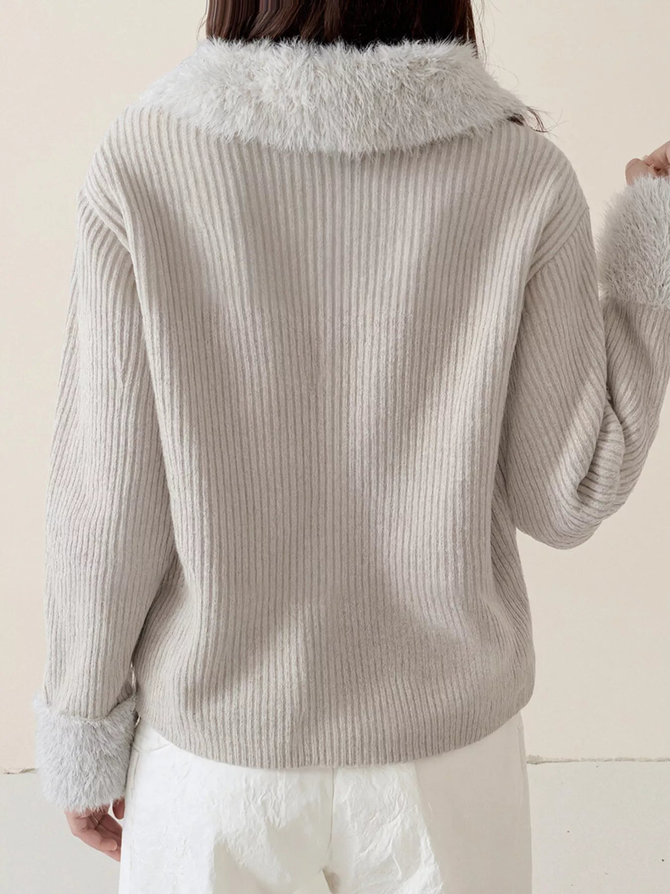 Sarah Express Women's Fluffy Trim Zip-Up Cardigan