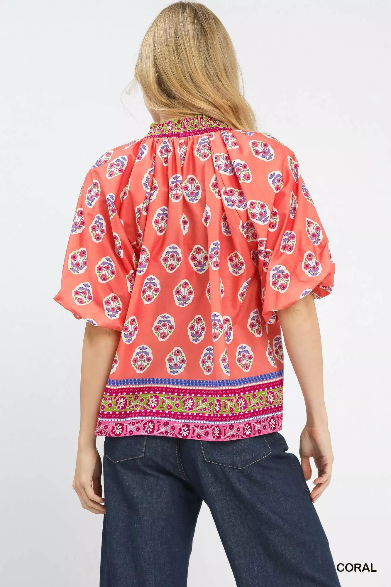 Sarah Express Women's Boho Border Print Peasant Top