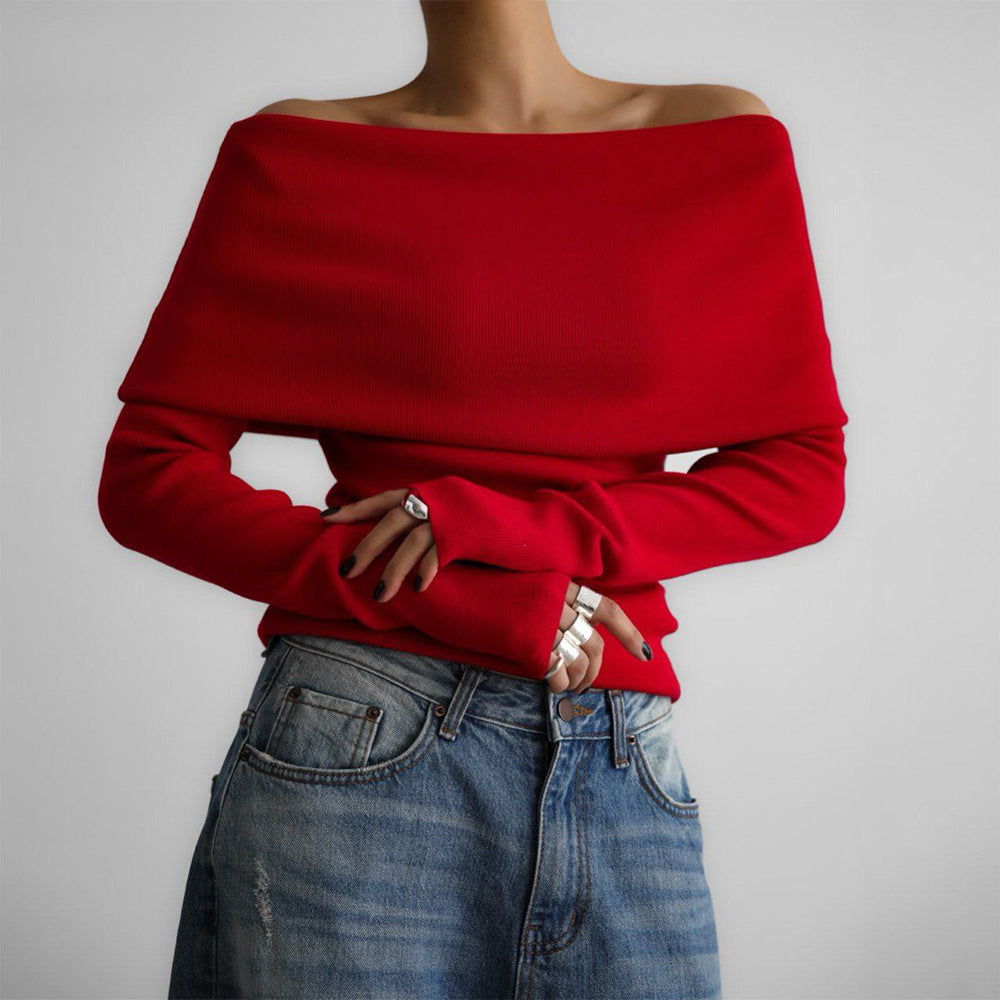 Sarah Express Women's Off-Shoulder Knitted Long Sleeve Top Slim Fit Pullover Sweater