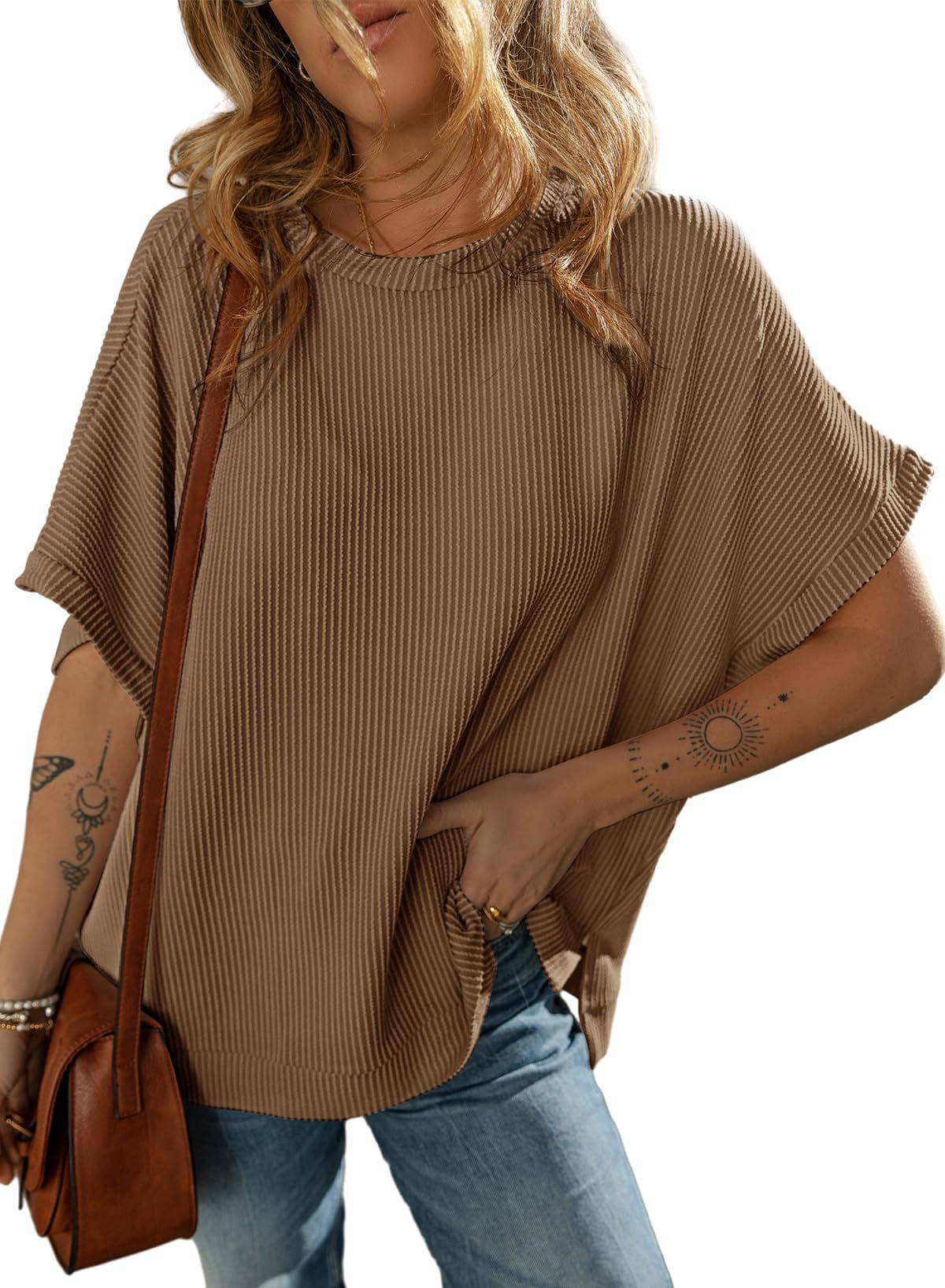 Sarah Express Solid Color Knitted T-Shirt Women's Half Sleeve Loose Casual Pullover Top