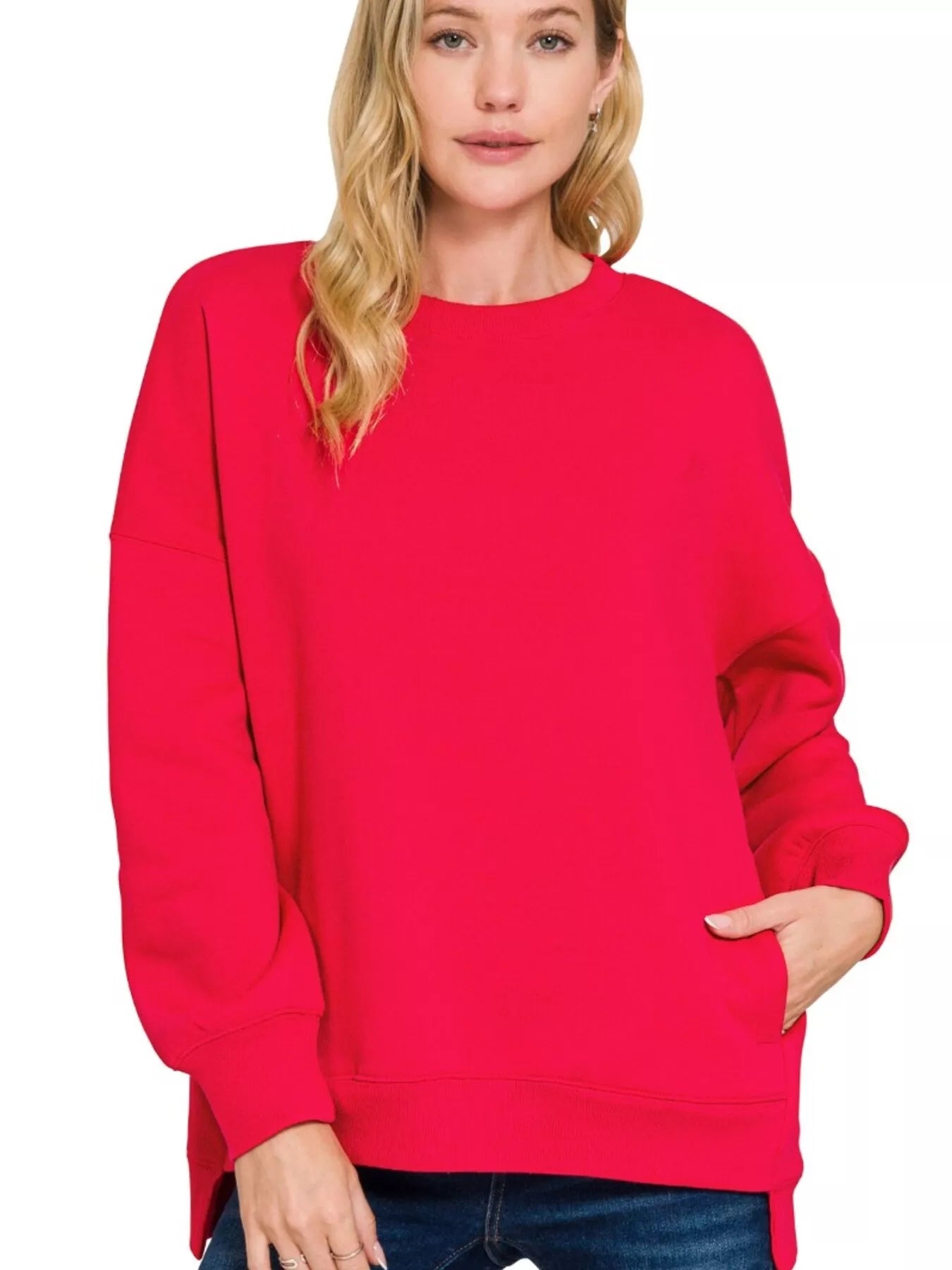 Sarah Express Women's Fleece Hi-Low Boyfriend Sweatshirt with Pockets Plus Size RUBY