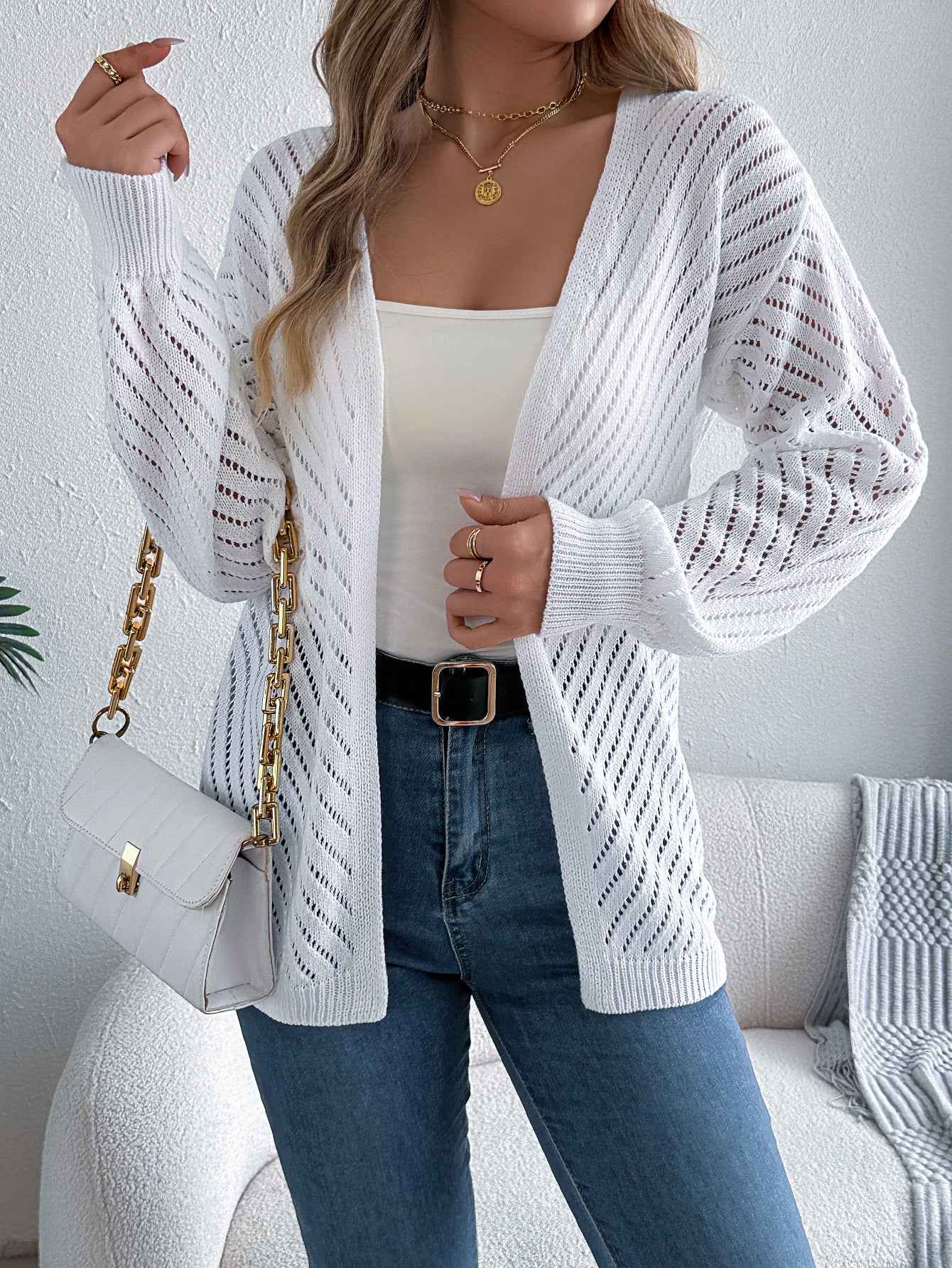 Sarah Express Women's Hollow Out Cardigan Sweater - Long Sleeve Knit Cardigan White