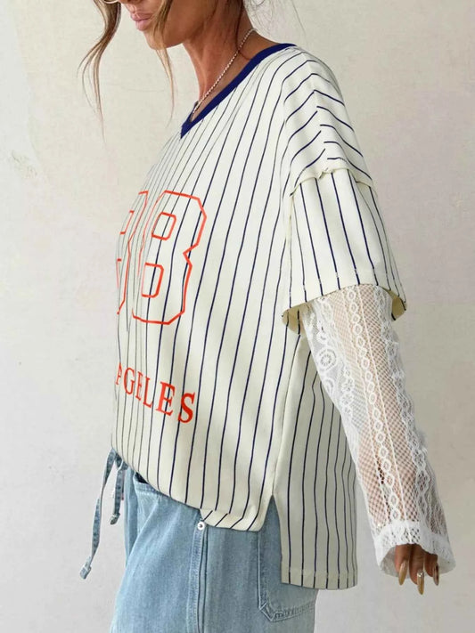 Sarah Express Women's Stripe 88 Los Angeles Graphic Lace Patchwork V-Neck Top