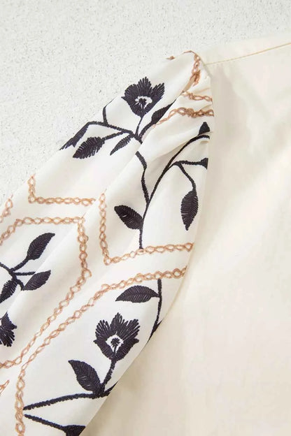 Sarah Express Women's Embroidered Floral Sleeve Blouse - Notched Collar Cotton Top