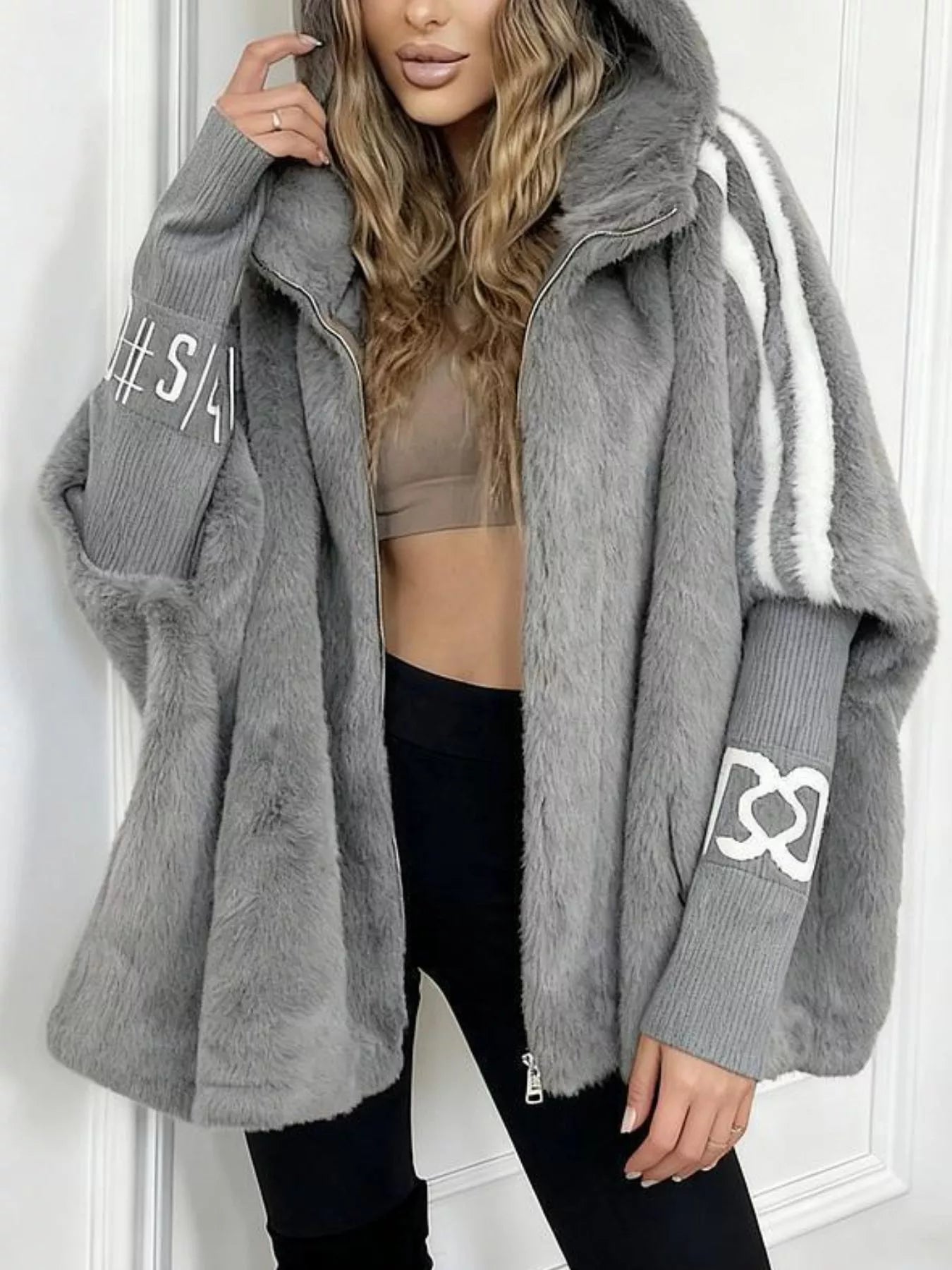 Sarah Express Women's Hooded Faux Fur Striped Trim Outerwear Jacket