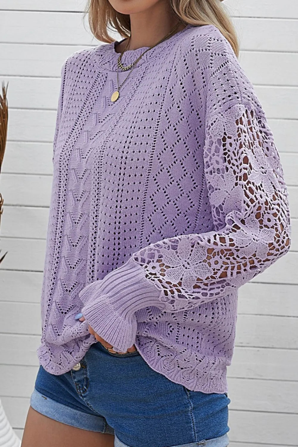 Sarah Express Women's Openwork Round Neck Long Sleeve Sweater Lavender