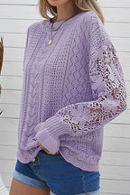 Sarah Express Women's Openwork Round Neck Long Sleeve Sweater Lavender