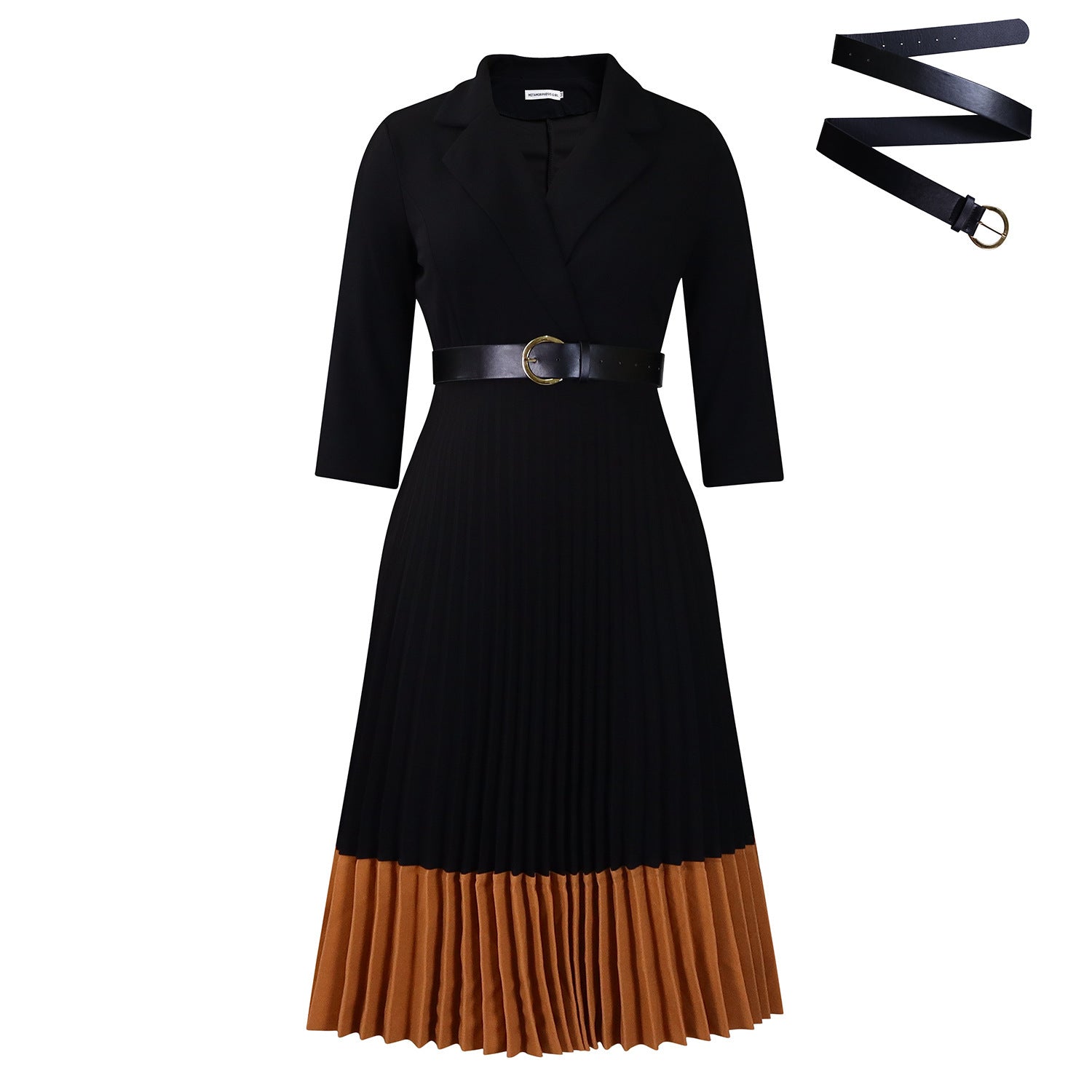 Sarah Express Women's Suit Collar Pleated A-Line Dress with Belt