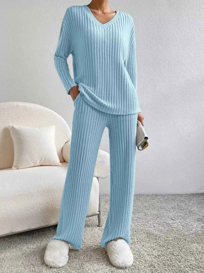 Sarah Express Women's Ribbed Knit V-Neck Top and Pants Set - Two Piece Lounge Set
