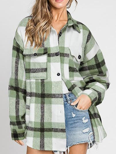 Sarah Express Women's Plaid Buckle Jacket - Loose Fit Long Sleeve Shacket Coat
