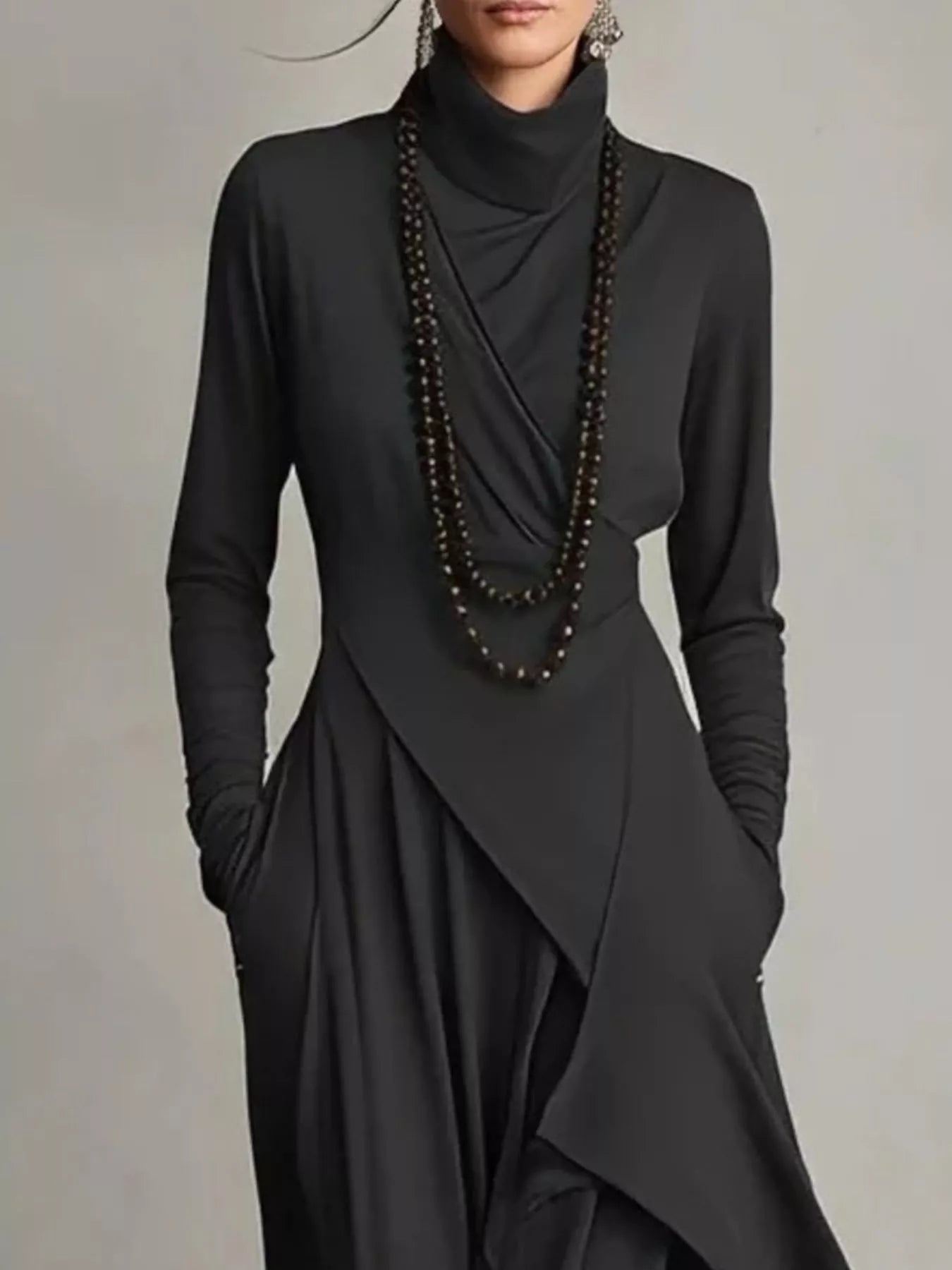 Sarah Express Women's Asymmetrical Hem Turtleneck Dress with Pockets Plus Size