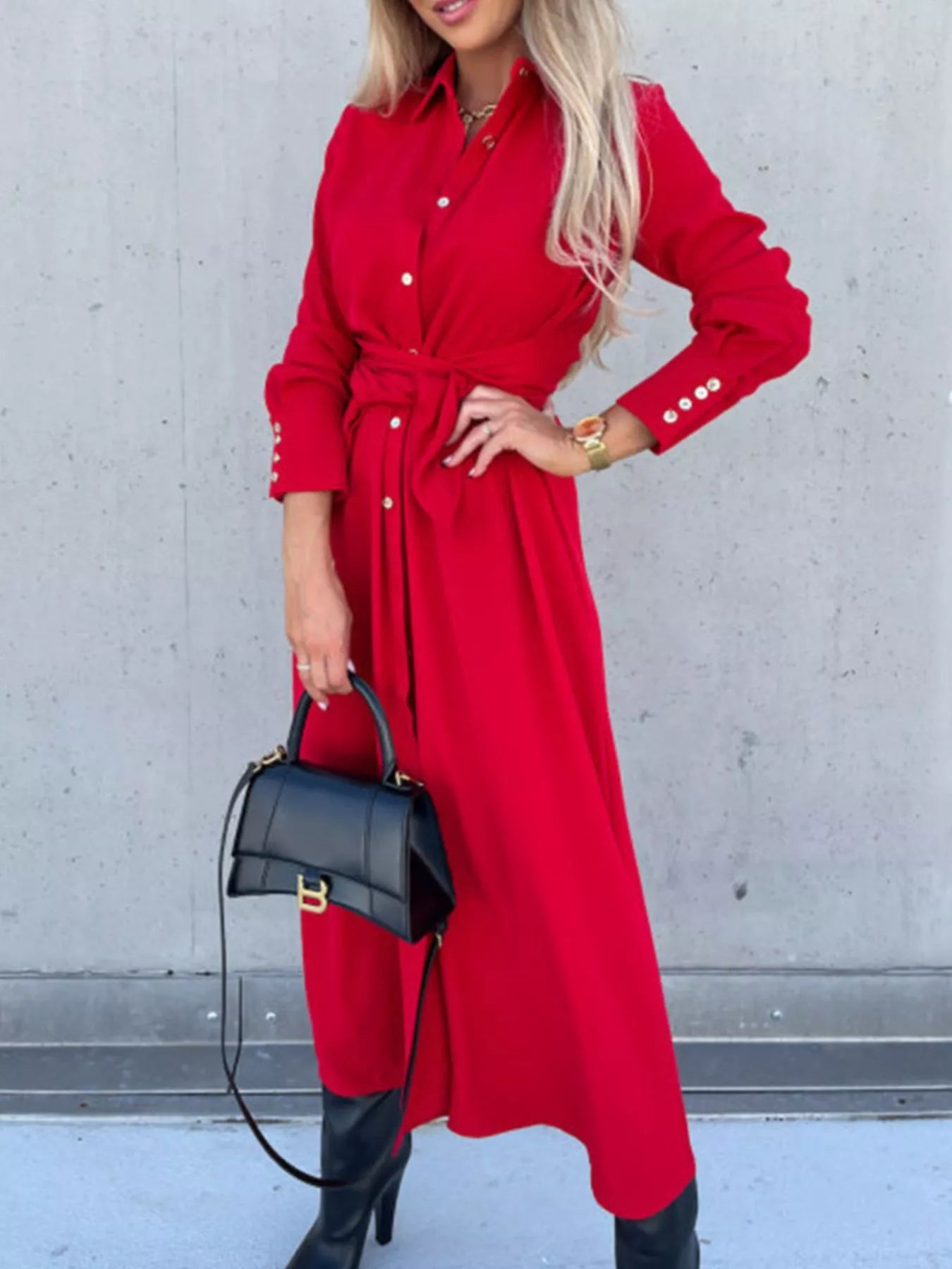 Sarah Express Women's Button Front Belted Shirt Dress - Plus Size Available Red