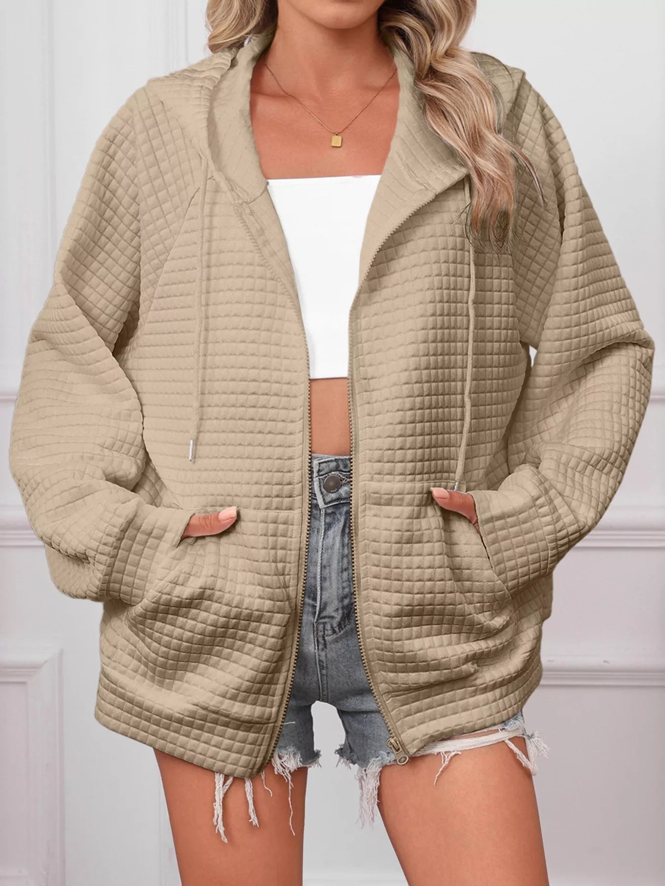 Sarah Express Women's Textured Quilted Zip-Up Hooded Jacket - Plus Size Lightweight Outerwear Khaki