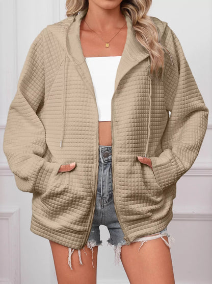 Sarah Express Women's Textured Quilted Zip-Up Hooded Jacket - Plus Size Lightweight Outerwear Khaki