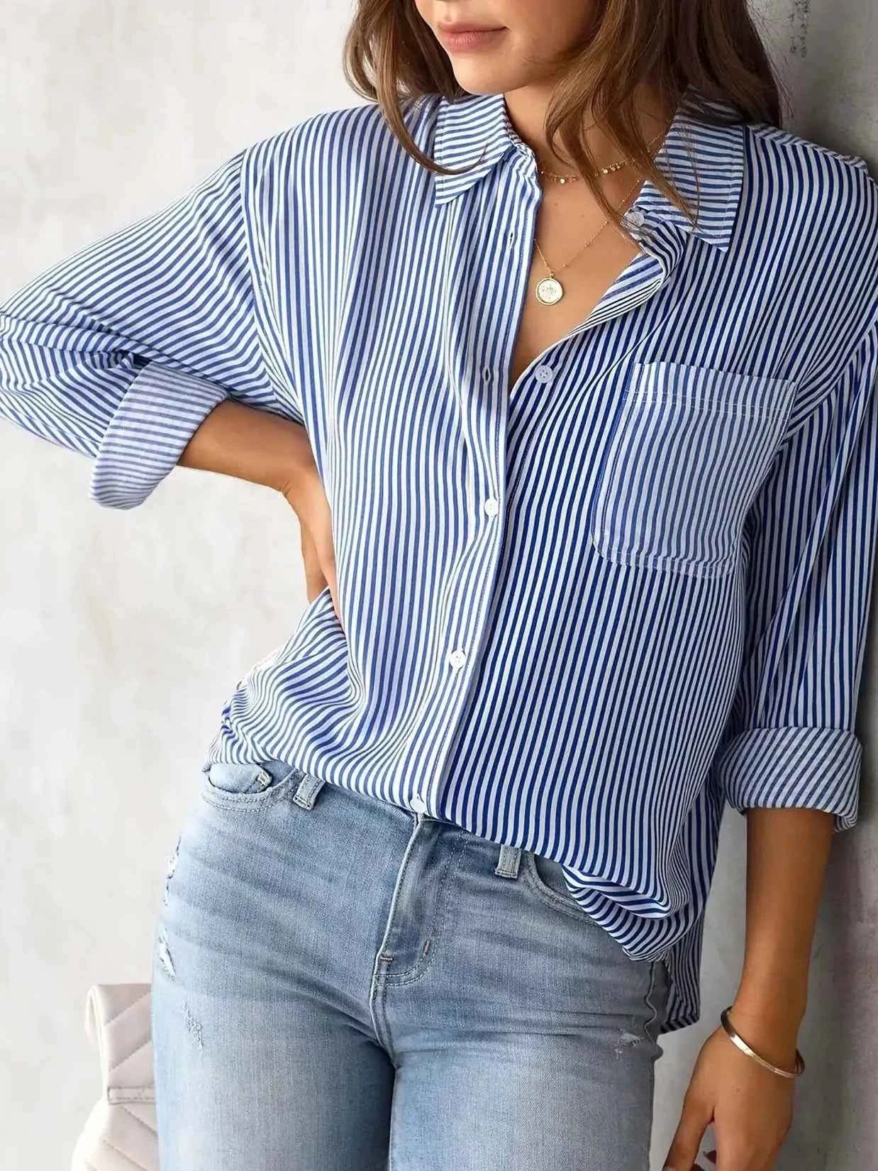 Sarah Express Women's Striped Relaxed Fit Button Up Shirt Blue