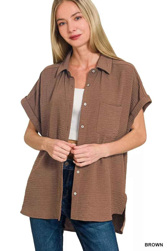 Sarah Express Women's Woven Airflow Button Down Shirt - Lightweight Breathable Top