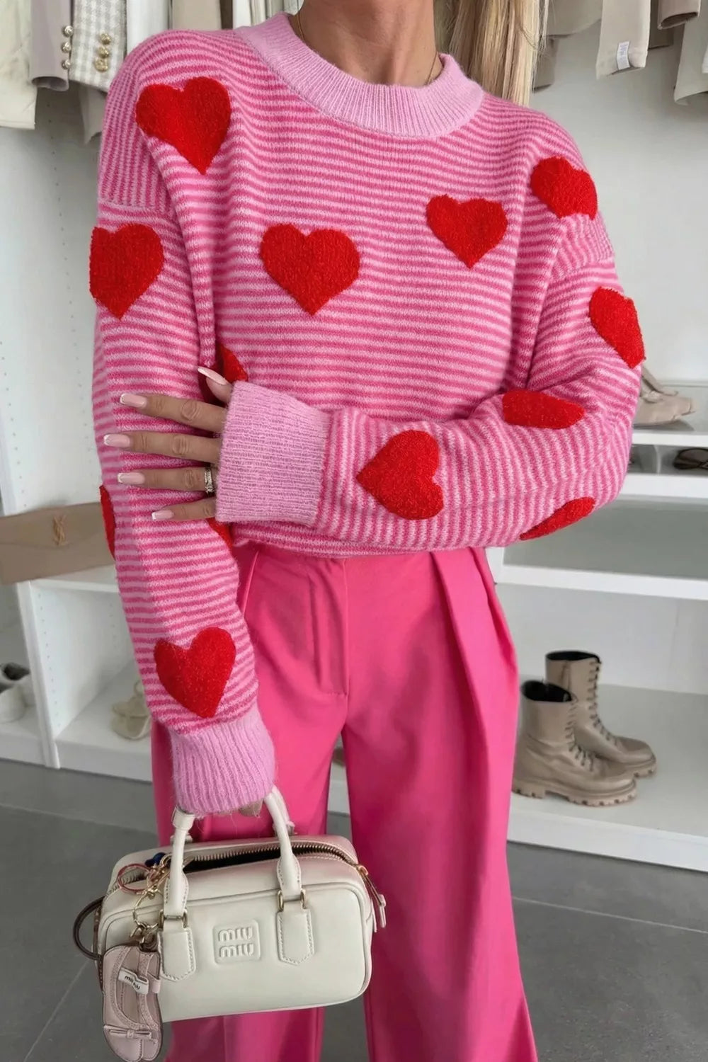 Sarah Express Women's Stripe Heart Pattern Knit Sweater - Valentine's Day Pullover Strawberry