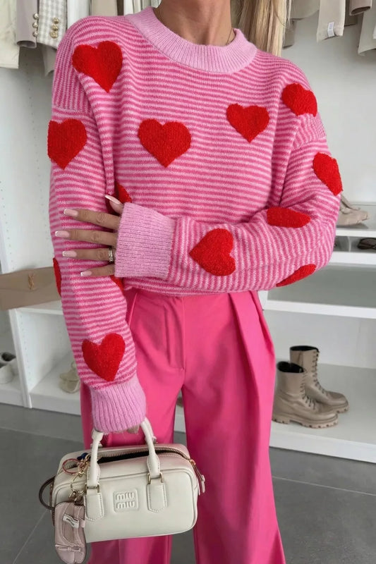 Sarah Express Women's Stripe Heart Pattern Knit Sweater - Valentine's Day Pullover Strawberry