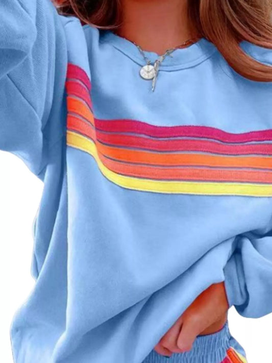 Sarah Express Women's Striped Round Neck Sweatshirt and Shorts Set - 2 Piece Loungewear