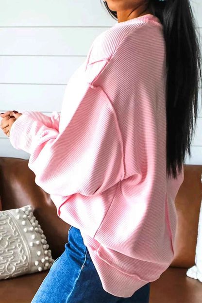 Sarah Express Women's Sequin Love Cake Bow Graphic Long Sleeve Top - Ribbed Texture Exposed Seam